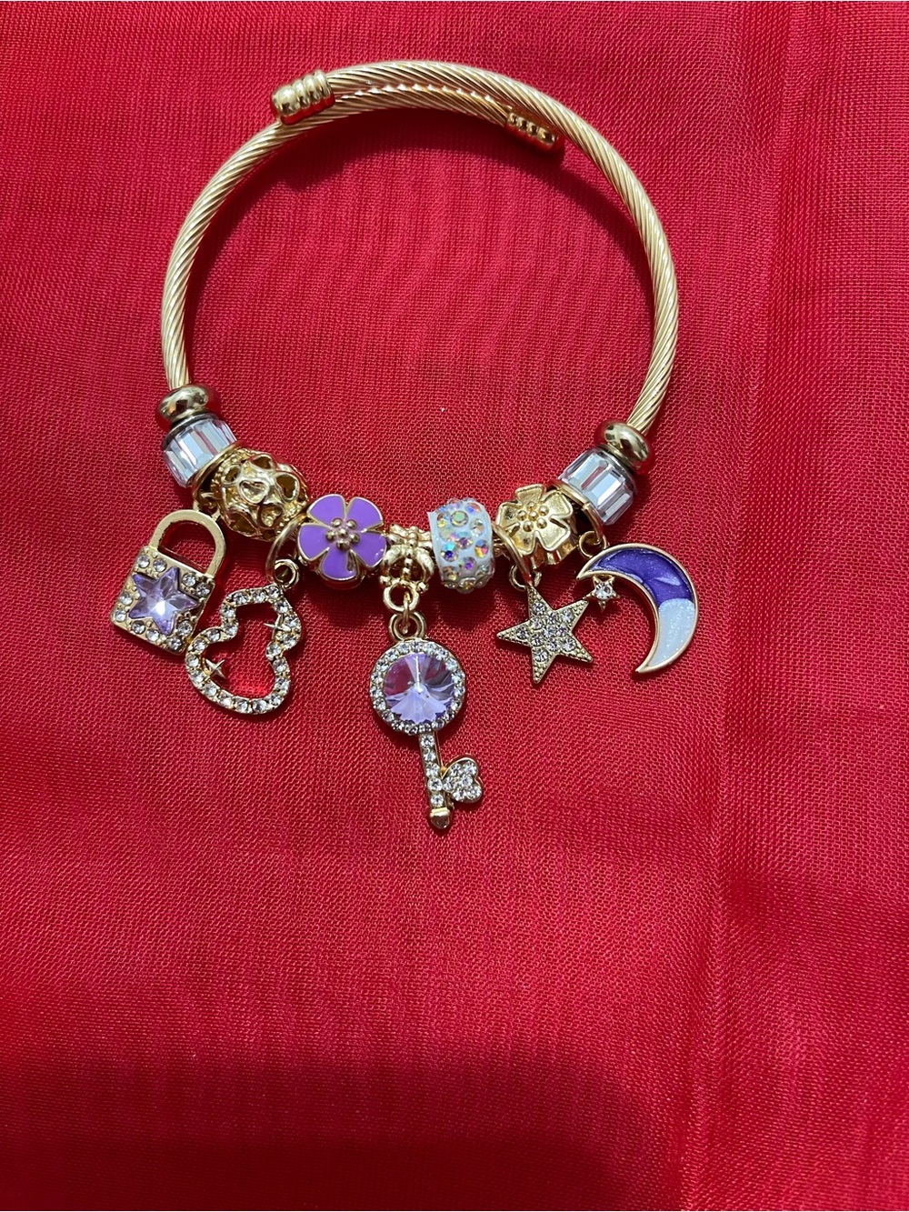 Gold-Tone Purple Charm Bracelet with Key, Moon & Star Charms